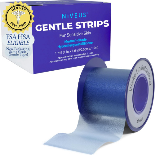 Niveus Gentle Silicone Tape Strips - Dentist Developed, Clear Soft Perforated Silicone Adhesive, FSA HSA Approved, for Sensitive Skin (1 Blue Tape Roll)