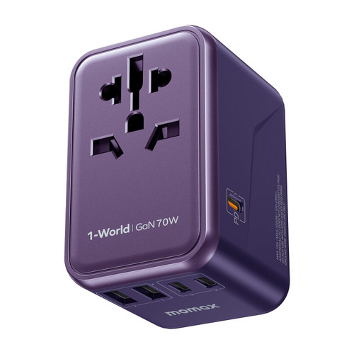 MOMAX 6-in-1 Universal Travel Adapter, GaN 70W International Power Adapter, 3 USB-C PD Fast Charging & 2 USB-A QC, 1 AC, All-in-One International Plug Adapter for Travel European UK AUS JP