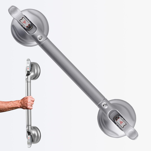 DAREN MEDICAL Heavy Duty Suction Shower Grab Bar - Toilet Bathroom Bathtub Safety - Shower Handles, Suction Cup Power Up to 250 LB, Perfect for Elderly Seniors(18.5 Inch, Gray Silver) ver