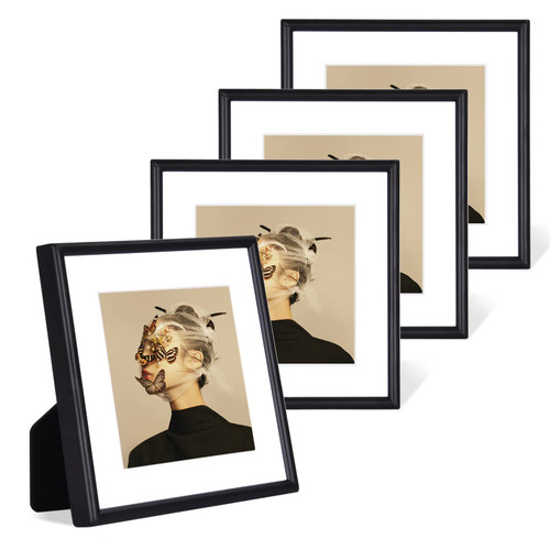 Fkvat 4x4 Picture Frame Set of 4, Matted Black Simple Modern Brushed Thin Aluminum Metal Square Photo Frame Fits 3x3 with Mat or 4 x 4 without Mat Display For Tabletop or Wall Collage
