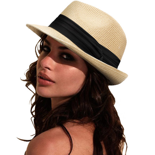 DRESHOW Women Straw Sun Hat Short Brim Panama Travel Fedora Beach Cap Roll Up Summer Hat for Men UPF 50+