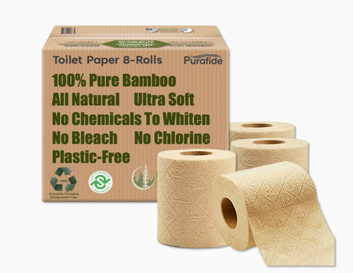 Purafide 100% Bamboo, thick 3-ply toilet paper, tree-free, unbleached, sustainable, 300 sheets per roll (TP 8 rolls)
