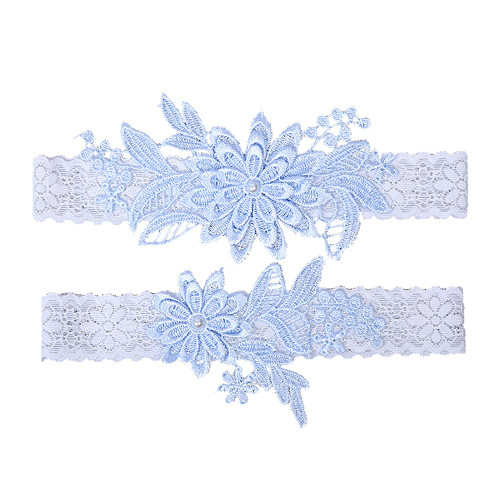 Taube Wedding Garter Set For Bride Stretchy Lace Leg Garter Floral Garters For Bride With Pearl And Rhinestones (Flower-Light blue)