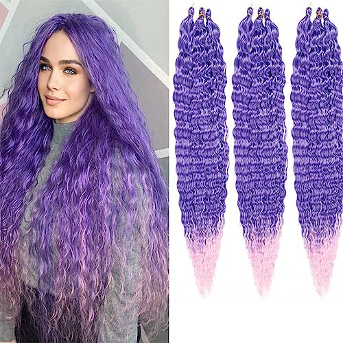 30 Inch Ocean Wave Crochet Hair Extensions for Women 3 Packs/Lot Deep Ripple Crochet Twist Braiding Hair Curly Synthetic Braids Hair (30'', Purple mix Pink)………