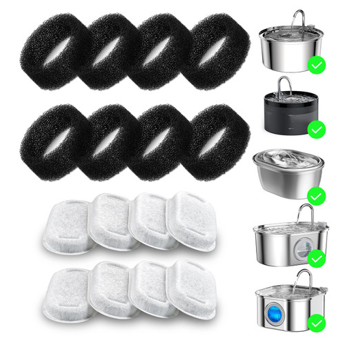 Wonder Creature 16 Pack Cat Water Fountain Filter Replacement, 4+4/8+8/12+12/16+16 Pack for Stainless Steel Cat Fountain 2L/67oz and 3.2L/108oz, 8 Carbon Filters & 8 Pre-Filter Sponges