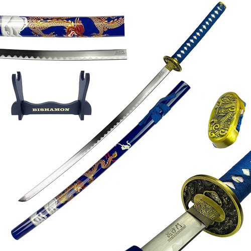 Bishamon 42 1/2" Samurai Sword Carbon Blade Dragon Scabbard Comes with a Wooden Stand (Blue)