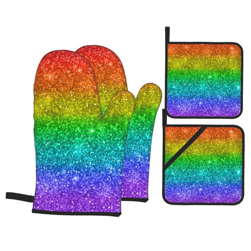 Colorful Rainbow Glitter Oven Mitts and Pot Holders Set of 4, Oven Mittens and Potholders Heat Resistant Gloves for Kitchen Cooking Baking Grilling BBQ