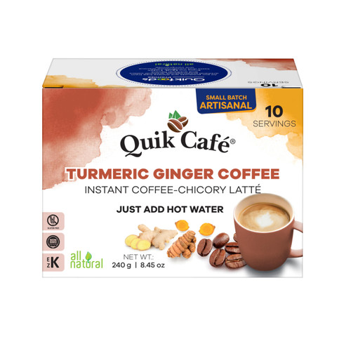 QuikCafé Instant Turmeric Ginger Coffee – 10 Count, Bold Turmeric Ginger Flavor Coupled With a Unique Coffee-Chicory Blend, No Preservatives, Just Add Hot Water, Kosher, Gluten Free