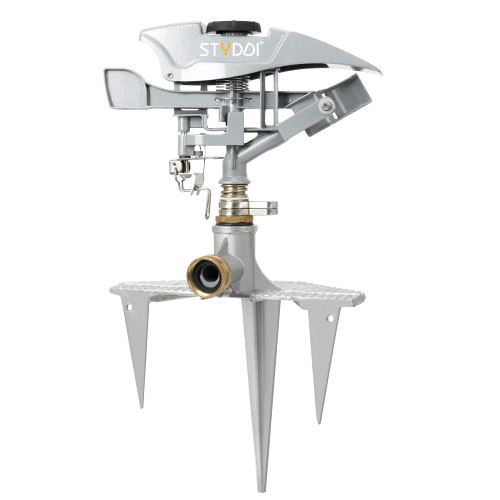 STYDDI Professional Heavy Duty Pulsating Sprinkler on Metal 3-Pronged Step Spike, Metal Pro Adjustable Circular Sprinkler for Large to Extra Large Yard, Areas, Lawn, Coverage up to 8500 Sq.FT