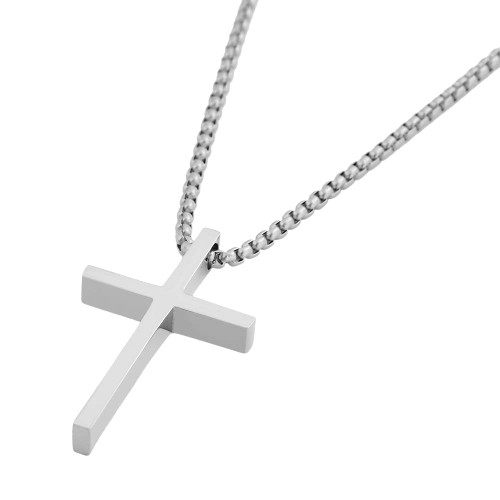 Edforce Stainless Steel Men's Plain Silver Gold Black Cross Pendant 24" inches Box Chain Necklace (SIlver)