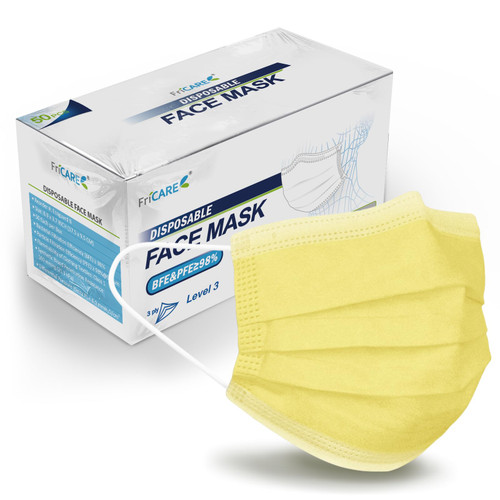 FriCARE Disposable Face Masks, 3-Ply ASTM Level 3 Medical Grade, FSA/HSA Eligible, Breathable & Comfortable for Allergy/Sun Protection, 50 Pack Yellow