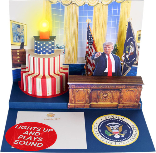 Donald Trump Pop Up Birthday Card with Real Voice, Lights & Music, Oval Office 3D Scene Plays Hail to the Chief, Funny Political Birthday Card for Dad, Republican Gag Gift, Original Cake Design