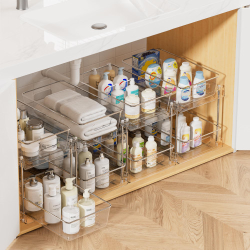 Vtopmart 4 Pack Bathroom Organizer, 2 Tier Clear Under Sink Organizers Vanity Countertop Storage Container,Cabinet Drawers Bins, Pull-Out Organization with Track for Pantry, Kitchen Vtopmart 4 Pack Bathroom Organizer, 2 Tier Clear Under Sink Organizers Vanity Countertop Storage Container,Cabinet Drawers Bins, Pull-Out Organization with Track for Pantry, Kitchen