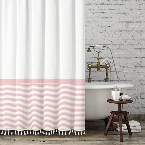 Seasonwood Pink Shower Curtain Tassel White Fabric Long Shower Curtain for Bathroom Decor,Striped Shower Curtains,84 Inch Shower Curtains Waterproof 72 x 84