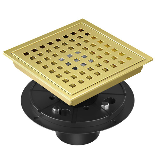 EXF Shower Drain 6 Inch Brushed Gold, Stainless Steel Square Shower Floor Drain Kit with ABS Flange, Removable Cover Grid Grate, Hair Strainer