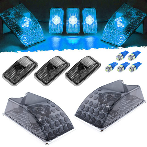 GLOFE 5-Pack Smoked Lens Cab Marker Lights with Ice Blue LED Bulbs + Chrome Base, Compatible with 2003-2009 Hummer H2 SUV SUT, Part Numbers 264160AM 264160BK, Roof Top Running Clearance Light Kit