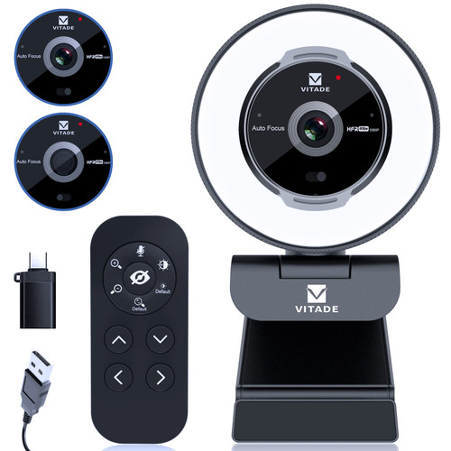 Vitade Zoomable Webcam with Remote Control, 1080P 60FPS Streaming with Ring Light and Microphone, Pro USB Webcam with 5X Digital Zoom and Privacy Cover for Zoom/Skype/Teams/PC/Laptop/Mac