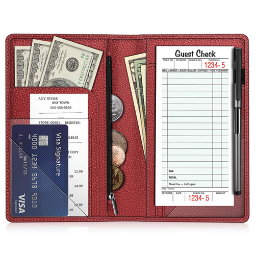 Fintie Server Book Organizer with Zipper Pocket, PU Leather Restaurant Guest Check Presenters Card Holder for Waitress, Waiter, Bartender (Poppy Red)
