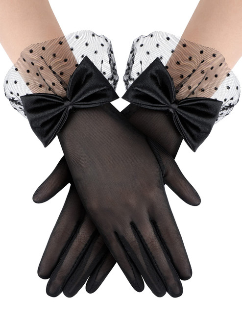 Bencailor Women Lace Gloves Wedding Tea Party Gloves Bow Short Mitten Elegant Accessories for 1920s Opera Funeral(Lace Black,Lace Style)