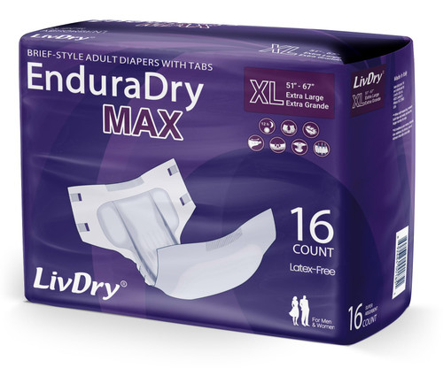 LivDry EnduraDry Max XL Adult Diapers with Tabs, Up to 12-Hours, Super Absorbent Incontinence Underwear, Leak Protection Briefs, Extra Large, 16-Pack