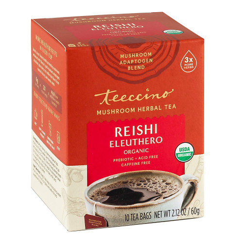 Teeccino Reishi Eleuthero Tea - French Roast - Organic Mushroom Adaptogenic Herbal Tea, 3x More Herbs than Regular Tea Bags, Caffeine Free, Chicory Prebiotic - 10 Tea Bags