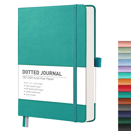 RETTACY Dotted Journal Notebook, 256 Pages, A5 Medium Size (5.7'' × 8.3''), Leather Hardcover, 120 GSM Thick Paper, for Bullet Journaling, Planning, Tracking (Cyan)