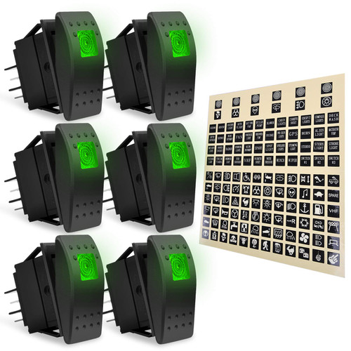 eFuncar 6PCS Rocker Switch 12V 24V ON/Off Green Light 4 Pin SPST Waterproof Toggle Switch for Car Marine UTV Offroad with Night Glow Stickers