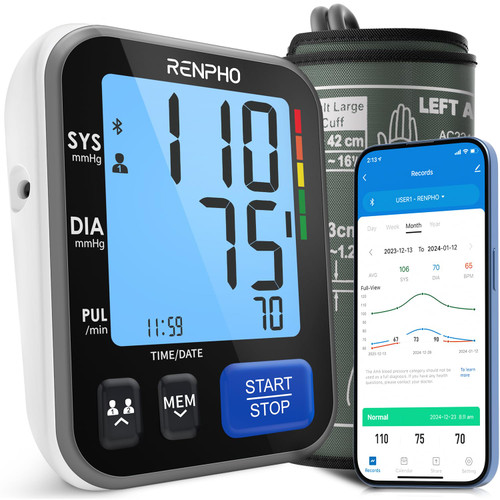 RENPHO Smart Blood Pressure Monitor for Home Use, Bluetooth BP Machine with Wide Range Cuff for Large Size Adult Arms, Muti-Users, Data Storage, Family Supplies