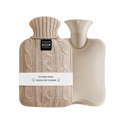 OliviaLiving Hot Water Bag Hot Water Bottle 2 Liters Heat Up and Refreezable Hot Cold Pack with Knit Cover for Pain Relief Hot Cold Therapy Khaki