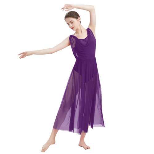 ODASDO Women Lyrical Modern Contemporary Dance Costume Ballet Leotard Drop V-Neck Backless Split Mesh Tulle Skirt Flowy Overlay Long Dress Ballroom Pageant Clothes Purple M