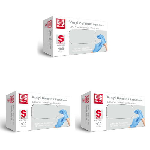 Basic Synmax Vinyl Exam Gloves, 4 Mil – Disposable - Latex-Free & Powder-Free - Small (Box of 100) Blue, (BMPF3001)