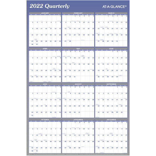 2022 Erasable Calendar, Dry Erase Wall Planner by AT-A-GLANCE, 36" x 24", Large, Vertical/Horizontal, Reversible, Blue (A1102)
