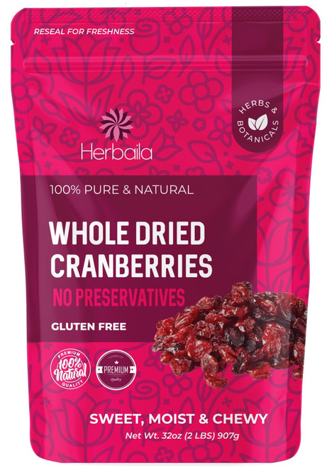 Herbaila Dried Cranberries Unsweetened, 2 lbs. Bulk Cranberries Dried Fruit, Unsweetened Dried Cranberries, Premium Dried Cranberry Fruit, Non-GMO, Cranberry Dried 32 oz