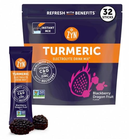 ZYN Electrolyte Drink Mix Hydration Packets, BlackBerry Dragonfruit Electrolytes Powder, Hydration Packets w/Turmeric Curcumin, Vitamin C & D, Zinc, Hydrate & Recover Electrolyte Powder, Pack of 32
