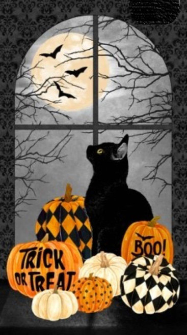 Northcott Black Cat Capers 24114 99 Cat & Pumpkins 24" Panel
