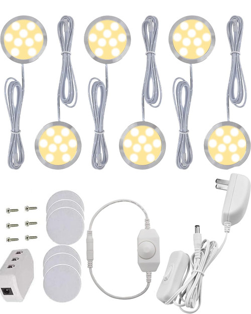 Cefrank Led Dimmable Puck Lights,Set of 6 Warm White Under Cabinet Lighting Kit w/Rotary Dimmer Switch, Total of 12W, LED Counter Light Above/in/Under Kitchen Closet Bookcase, Shelf