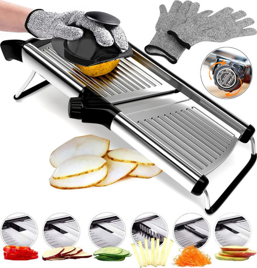 Stainless Steel Mandoline Slicer for Kitchen – 6-Setting Adjustable, 16.5 x 5 In. Platform, Hand Guard, Cut-Resistant Gloves – Vegetable Chopper, Meat Slicer, Cheese Slicer by Medove