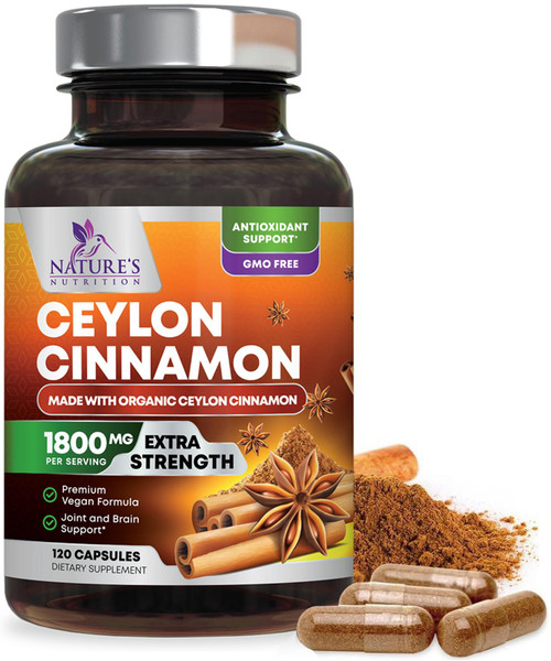Organic Ceylon Cinnamon Supplement 1800mg - Extra Strength Certified Organic Ceylon Cinnamon Powder Pills - Energy & Heart Support Antioxidant for Women & Men, Bottled in USA, Non-GMO - 120 Capsules