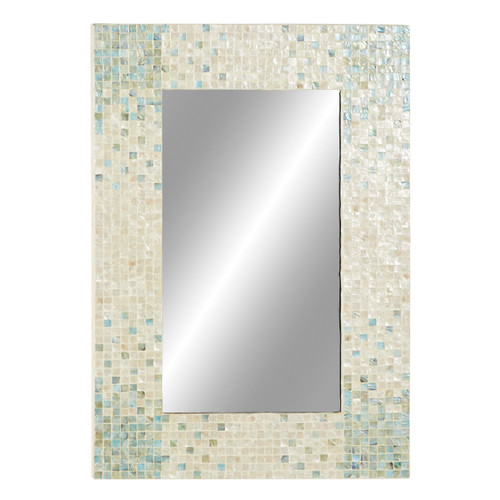 Deco 79 Mother of Pearl Shell Handmade Room Wall Mirror Mosaic Entryway Mirror with Blue Corners, Wall Mounted Mirror 24" x 1" x 36", Cream