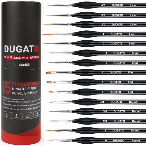 DUGATO Fine Detail Paint Brush Set (15pc) - Miniature Brushes with Ergonomic Triangular Handles & Travel Case for Acrylic, Watercolor, Oil, Models & Warhammer