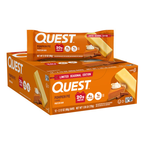 Quest Nutrition Pumpkin Pie Protein Bar, 20g Protein, 4g Net Carb, 1g Sugar, Gluten Free, 12 Count