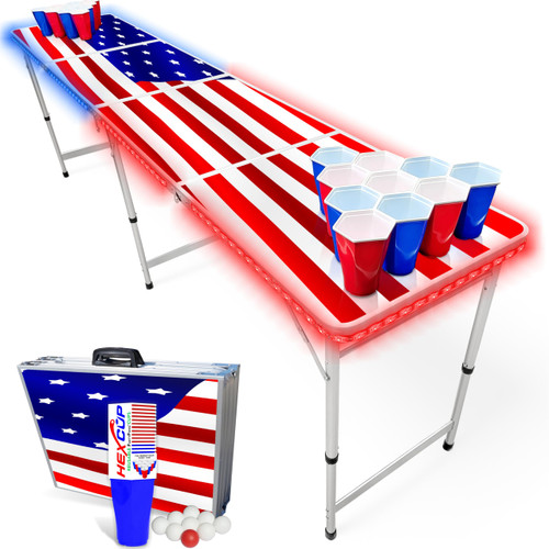 8-Foot Folding Party Table w/Music Sync LED Lights, Free Set of HEXCUPs & (9) Pong Balls - USA