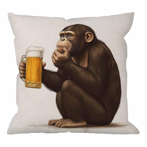 HGOD DESIGNS Gorilla Pillow Cover,Decorative Throw Pillow Monkey Sitting and Thoughtful Look A Glass of Beer Pillow Cases Cotton Linen Square Cushion Covers for Home Sofa Couch 18x18 inch Brown