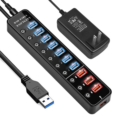 LYFNLOVE Powered USB Hub,11 Port 48W Data Charging Hub with 7 USB 3.0 Ports and 4 Smart Charging Ports,USB 3.0 Splitter with On/Off Switches for Laptop,PC, Computer,TV, HDD, Flash Drive and More