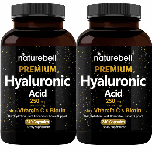 NatureBell 2 Pack Plant Based Hyaluronic Acid Supplements 250mg with 25mg Vitamin C & Biotin 5000mcg, 480 Total Capsules | Essential for Hair Growth, Joint Support, & Hydrating Skin | Non-GMO