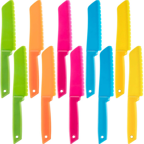 JOVITEC 10 Pieces Kid Knife Plastic Kids Safe Knives for Real Cooking, Nylon Children Toddler Cooking Kitchen Set Bulk for Bread, Lettuce and Salad
