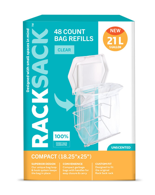 Rack Sack Garbage Bags Kitchen 5-Gallon Compact Refill Bags 48 Counts Clear