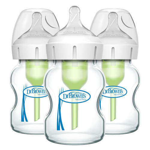 Dr. Brown's Natural Flow Anti-Colic Options+ Wide-Neck Glass Baby Bottles 5 oz/150 mL, with Level 1 Slow Flow Nipple, 3 Pack, 0m+