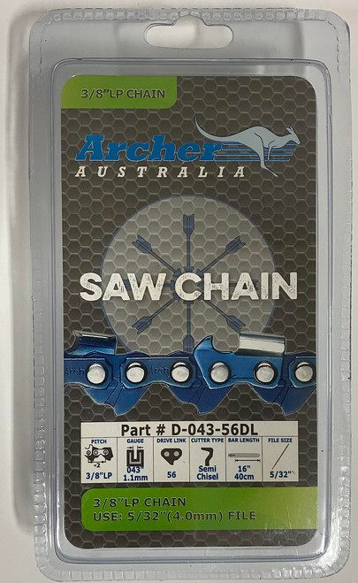 16" Archer Chainsaw Saw Chain 3/8LP .043 56DL compatible with the Echo 58 volt cordless CCS-58V4AH and the Milwaukee MS18 Compatible with Oregon 90PX056G R56