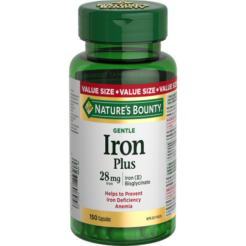 Nature's Bounty Gentle Iron Plus Pills, Supplement, Helps Prevent Iron Deficiency Anemia, 28 mg, 150 Capsules